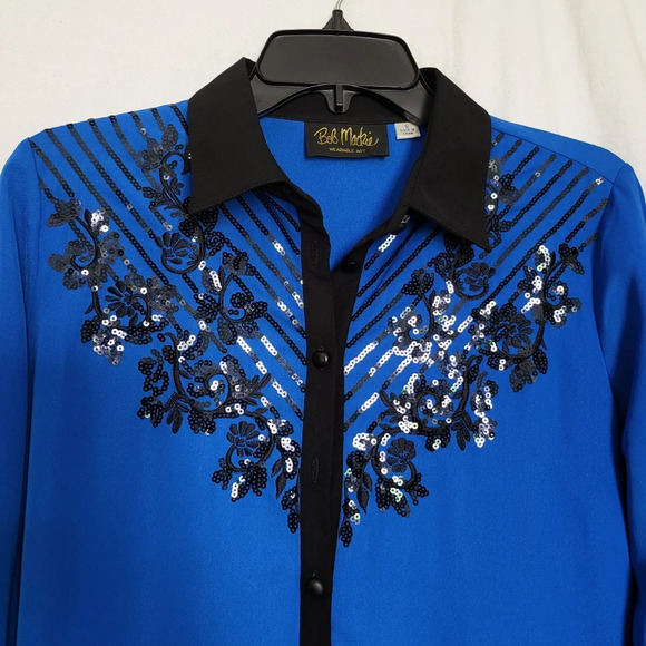 80's Vintage Bob Mackie Wearable‎ Art Blue Blouse with Black Sequins, Size S - Picture 2 of 5